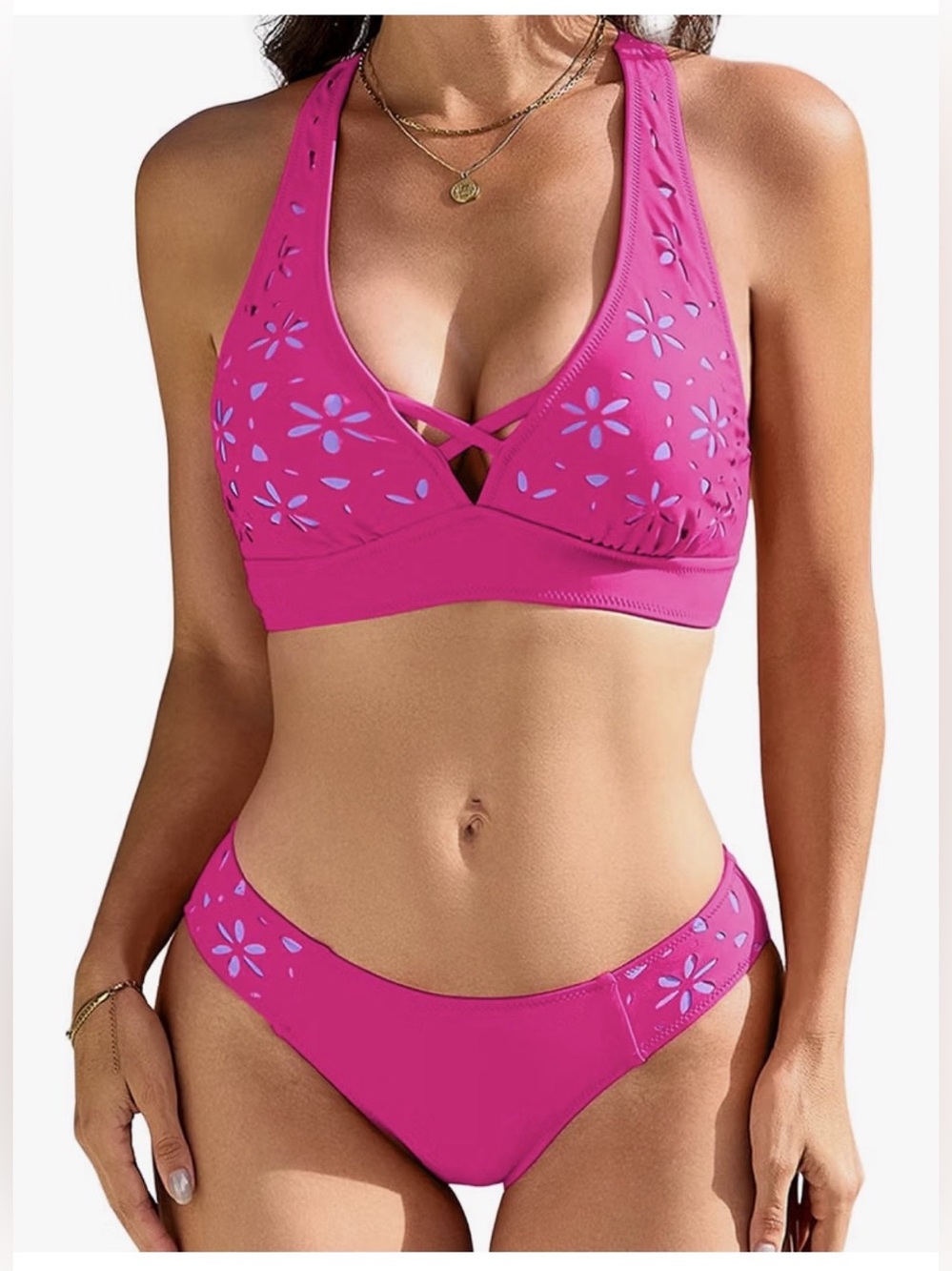 RIHOAS Modest Petal Hollow V Neck Top and Low Rise Bottom Bikini Size XL